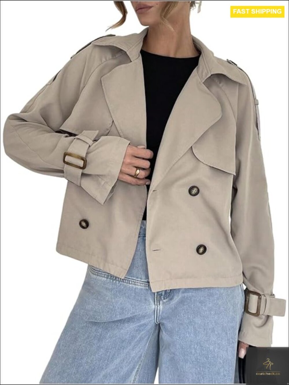 Trench Coat Cropped Jacket Lapel Collar Button Down Long Sleeve Outerwear